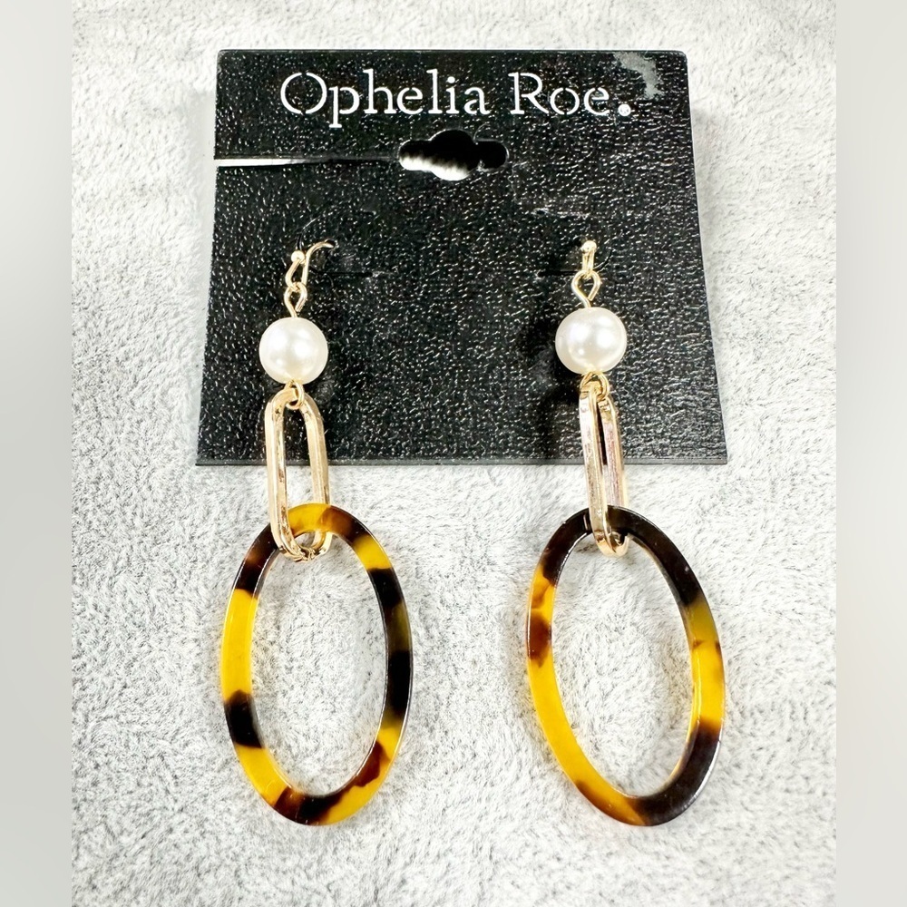 Ophelia Roe. Oval Acrylic Tortoise Shell Gold Tone Pearl Drop Earrings